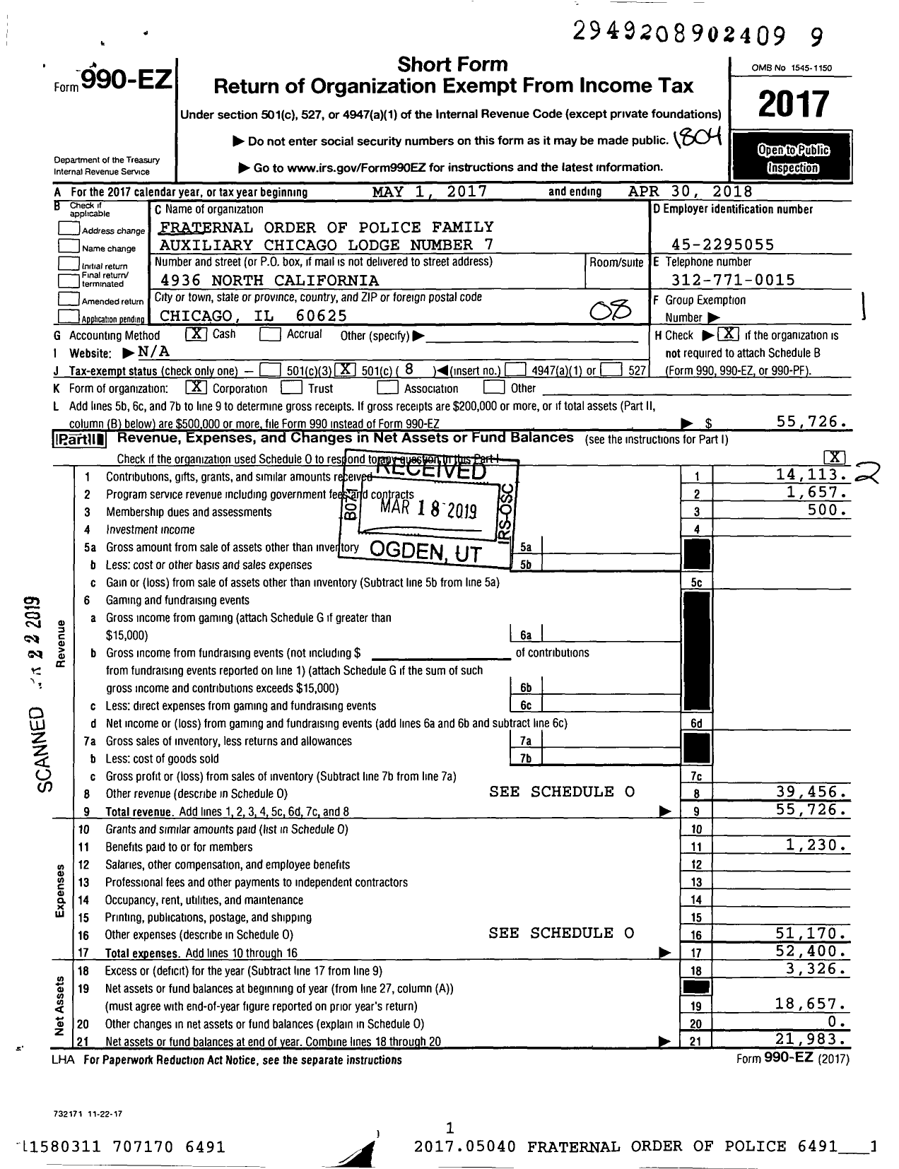 Image of first page of 2017 Form 990EO for Fraternal Order of Police Family Auxiliary Chicago Lodge Number 7