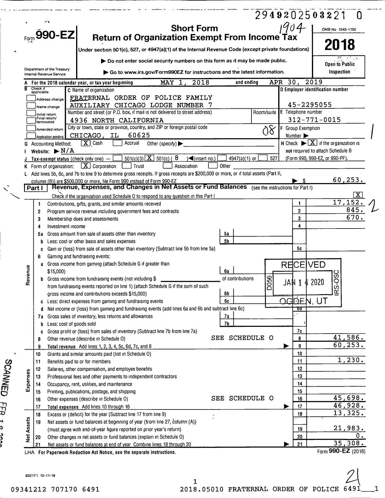 Image of first page of 2018 Form 990EO for Fraternal Order of Police Family Auxiliary Chicago Lodge Number 7