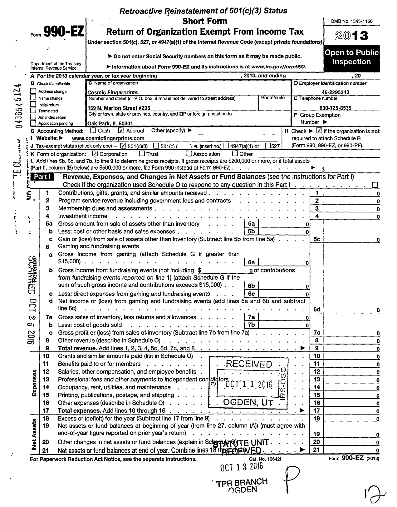 Image of first page of 2013 Form 990EZ for Evolution 20