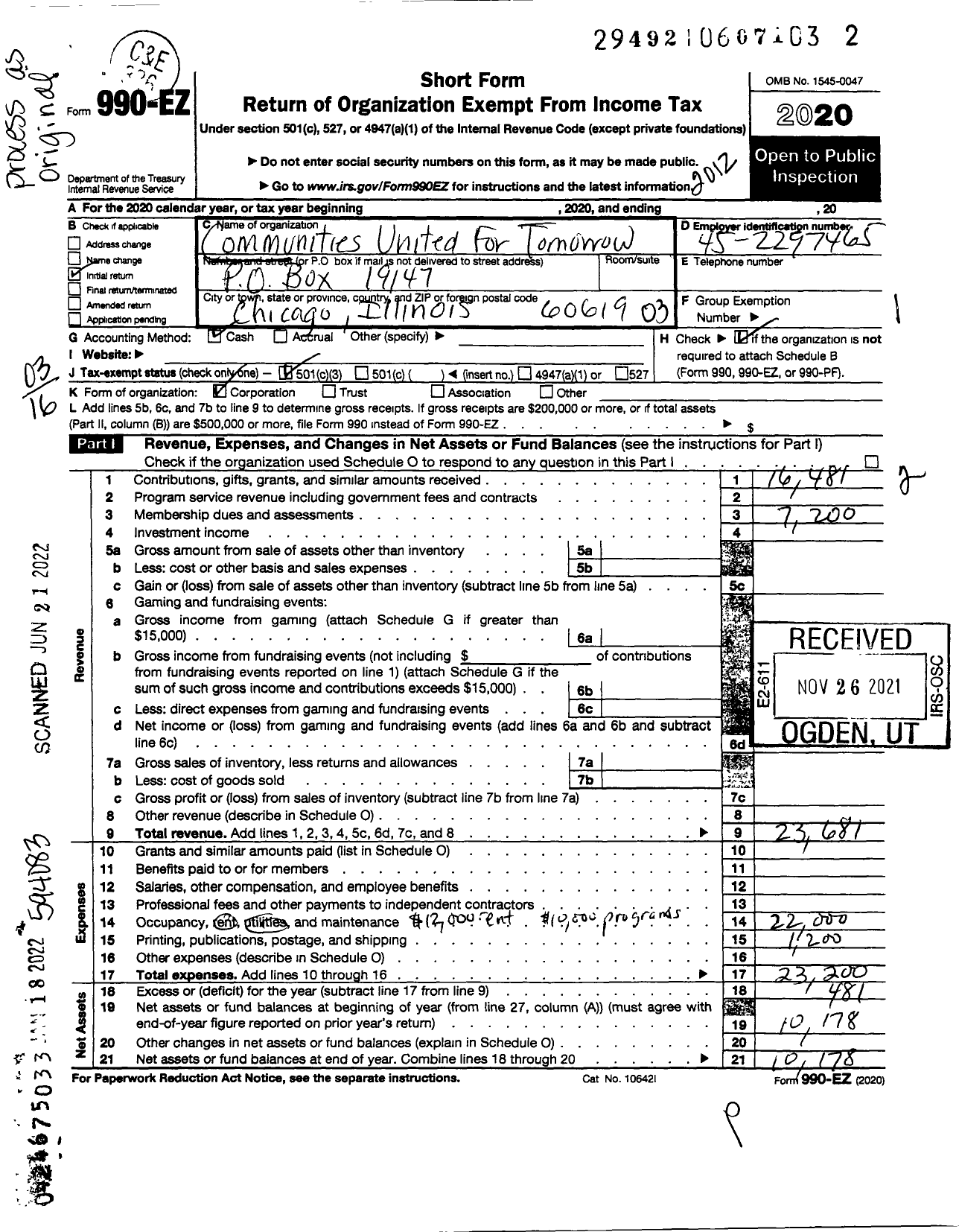 Image of first page of 2020 Form 990EZ for Communities United for Tomorrow