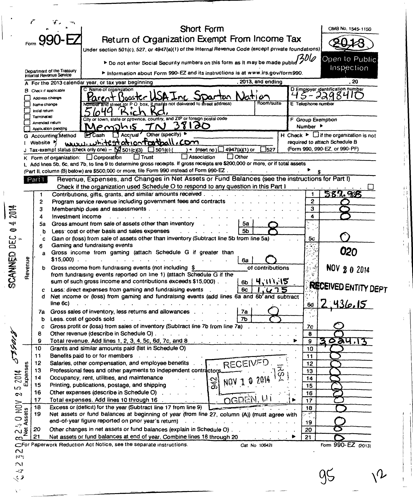 Image of first page of 2012 Form 990EZ for Parent Booster USA / Spartan Nation Football Booster