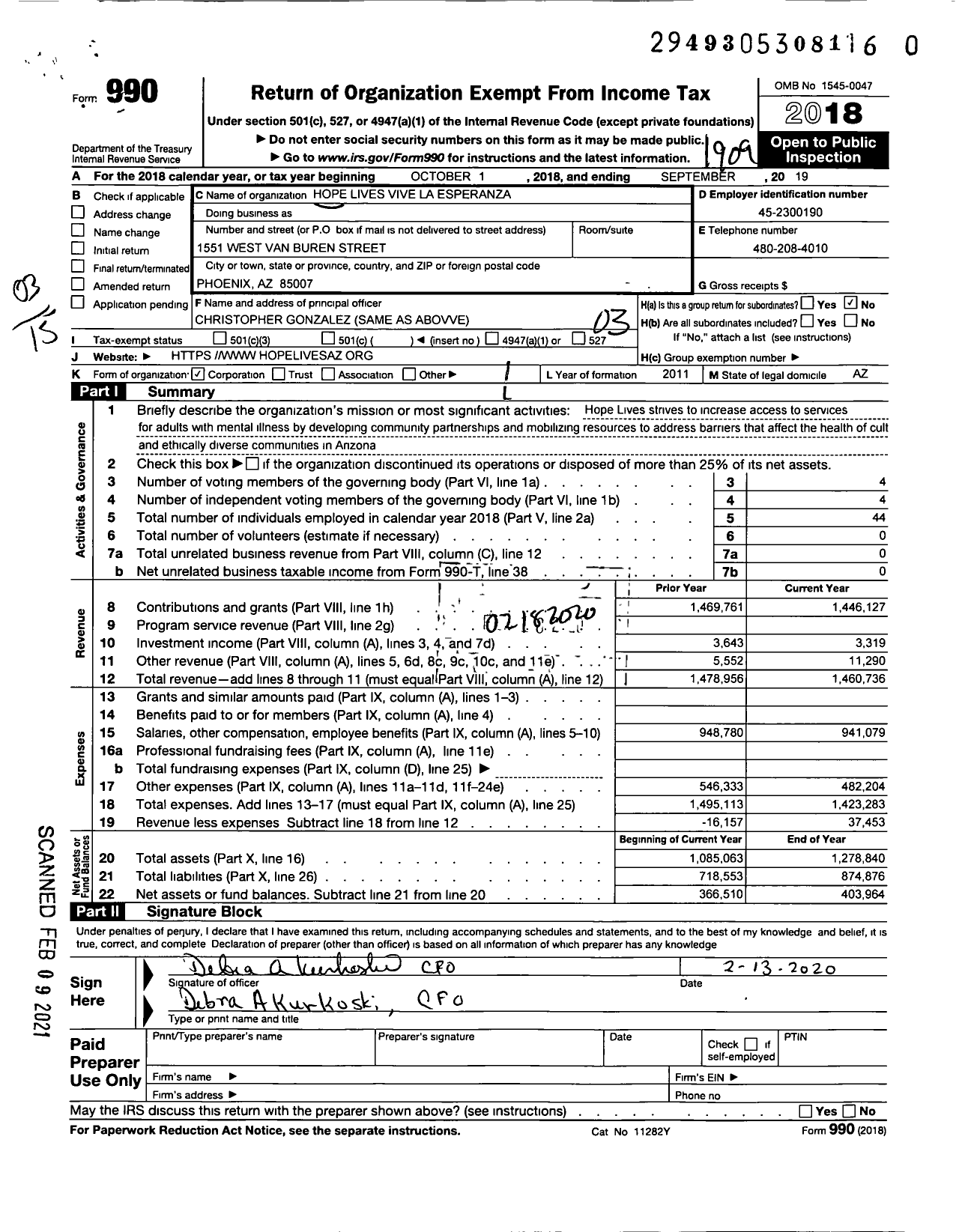 Image of first page of 2018 Form 990 for Hope Lives Vive La Esperanza