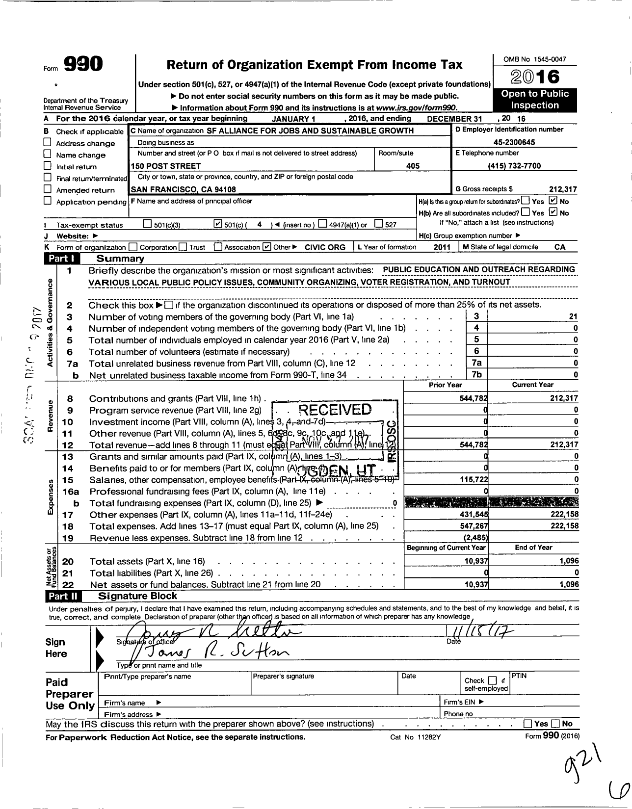 Image of first page of 2016 Form 990O for San Francisco Community Alliance for Jobc and Housing