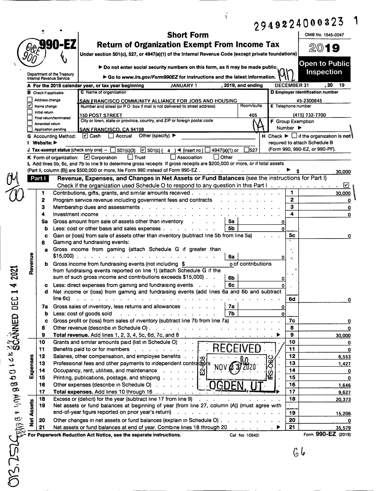 Image of first page of 2019 Form 990EO for San Francisco Community Alliance for Jobc and Housing