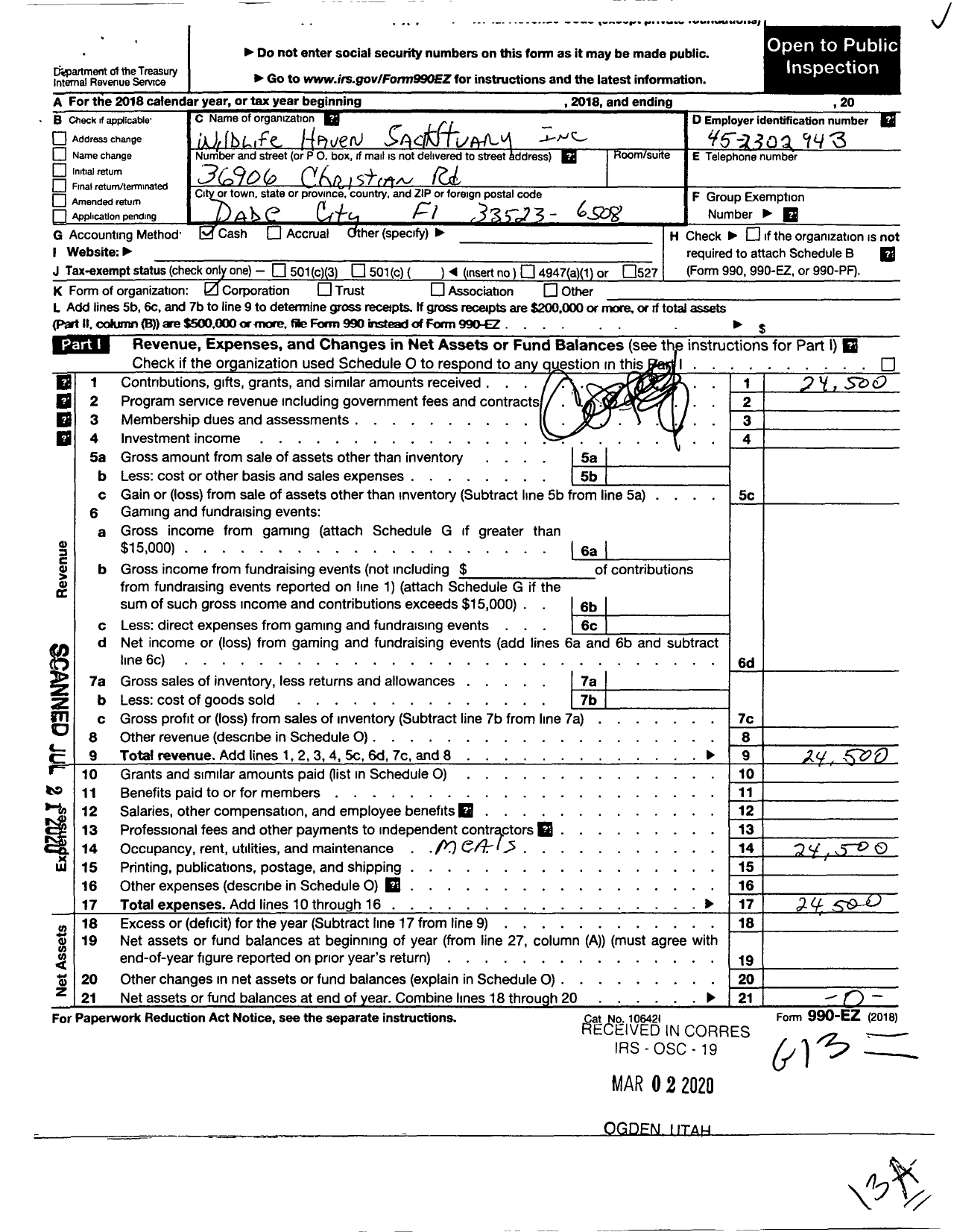 Image of first page of 2018 Form 990EO for Wildlife Haven Sanctuary