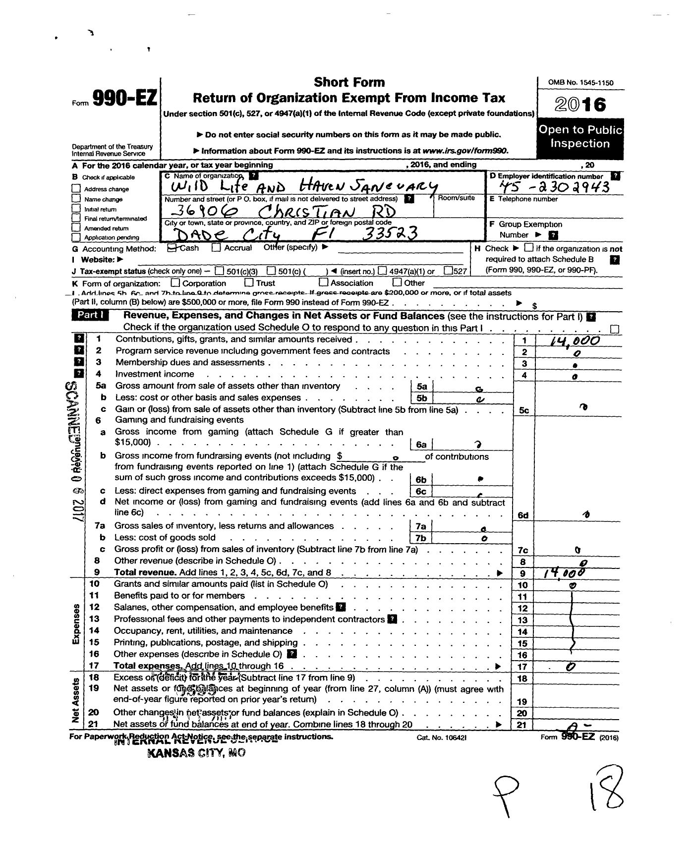 Image of first page of 2016 Form 990EO for Wildlife Haven Sanctuary