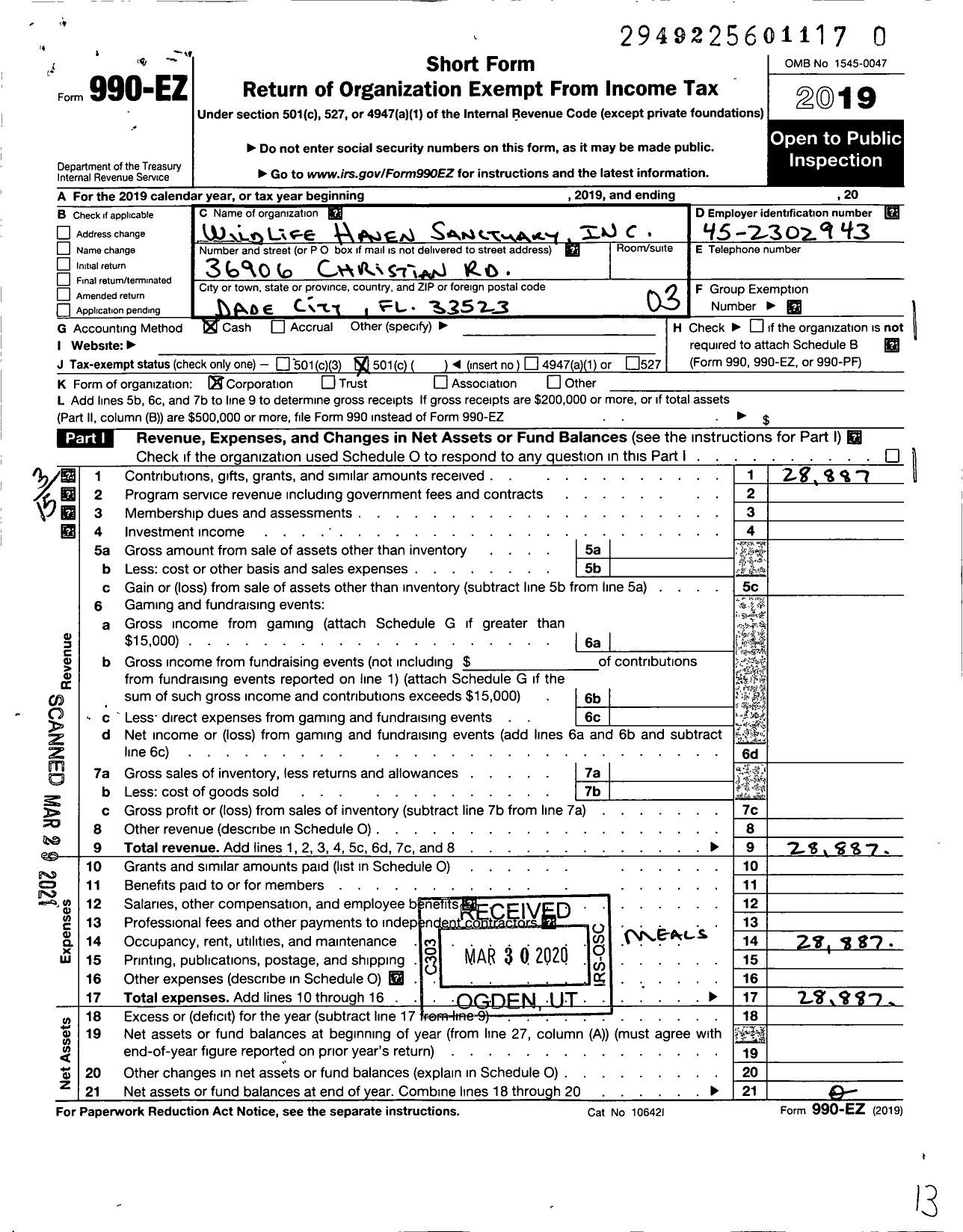 Image of first page of 2019 Form 990EZ for Wildlife Haven Sanctuary