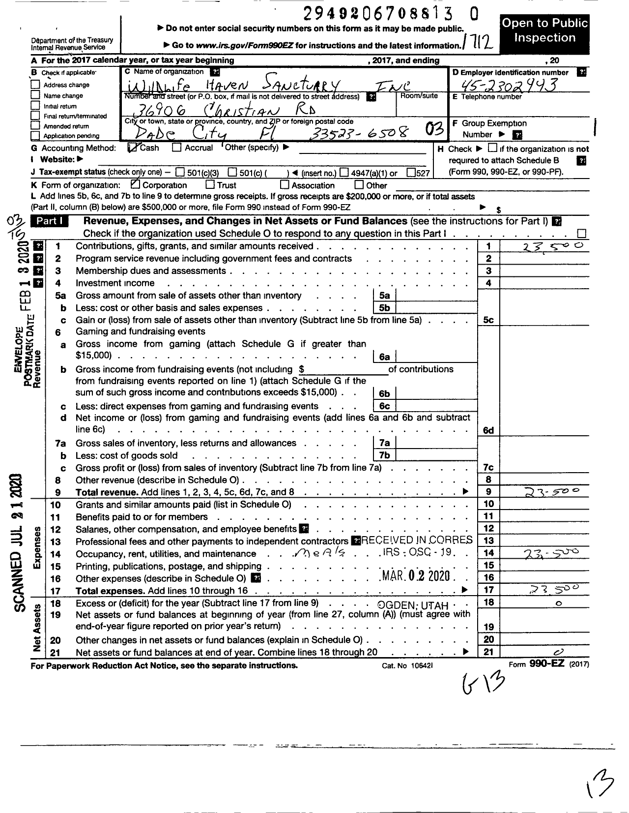 Image of first page of 2017 Form 990EZ for Wildlife Haven Sanctuary