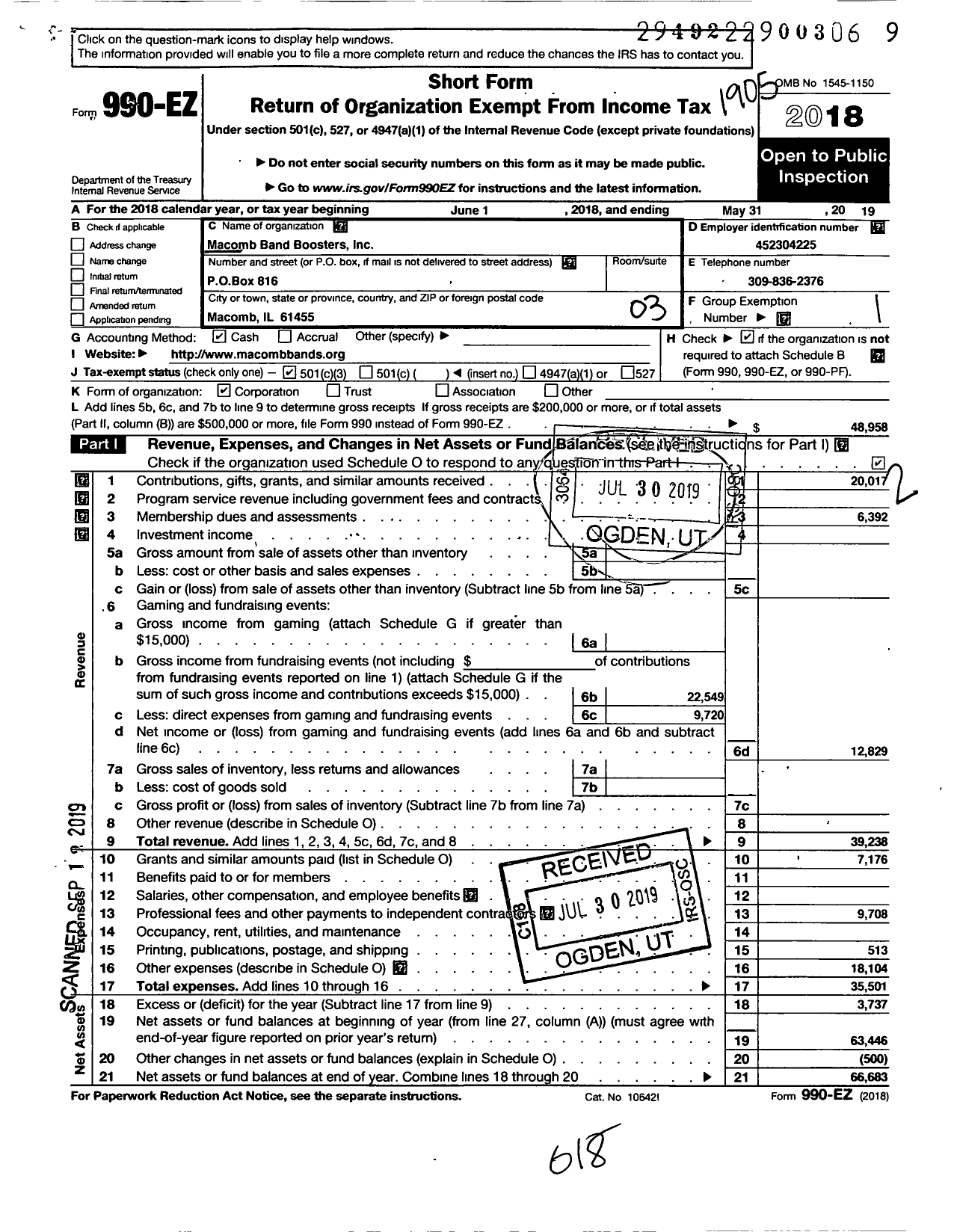 Image of first page of 2018 Form 990EZ for Macomb Band Boosters