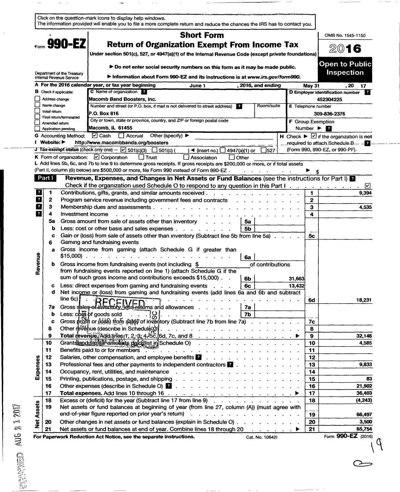 Image of first page of 2016 Form 990EZ for Macomb Band Boosters