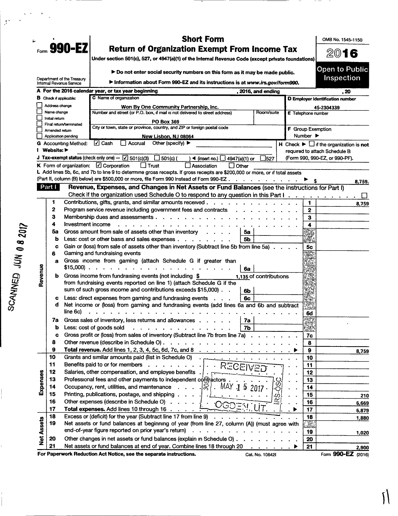 Image of first page of 2016 Form 990EZ for Won By One Community Partnership