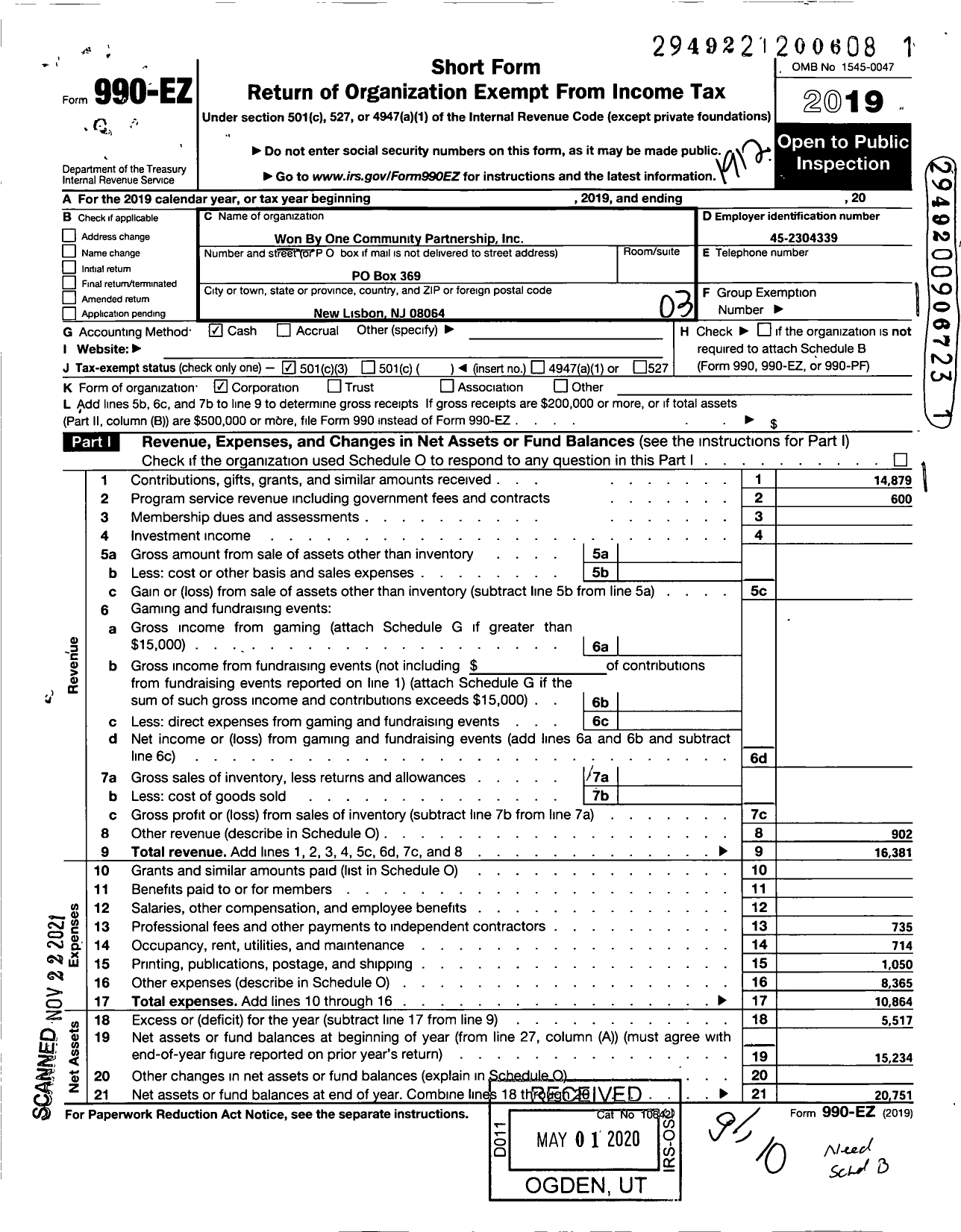 Image of first page of 2019 Form 990EZ for Won By One Community Partnership