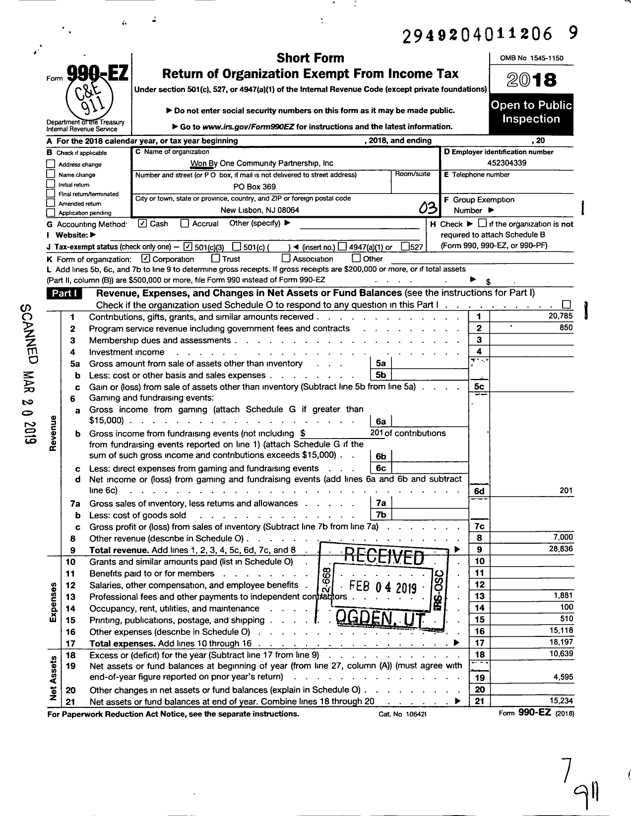 Image of first page of 2018 Form 990EZ for Won By One Community Partnership