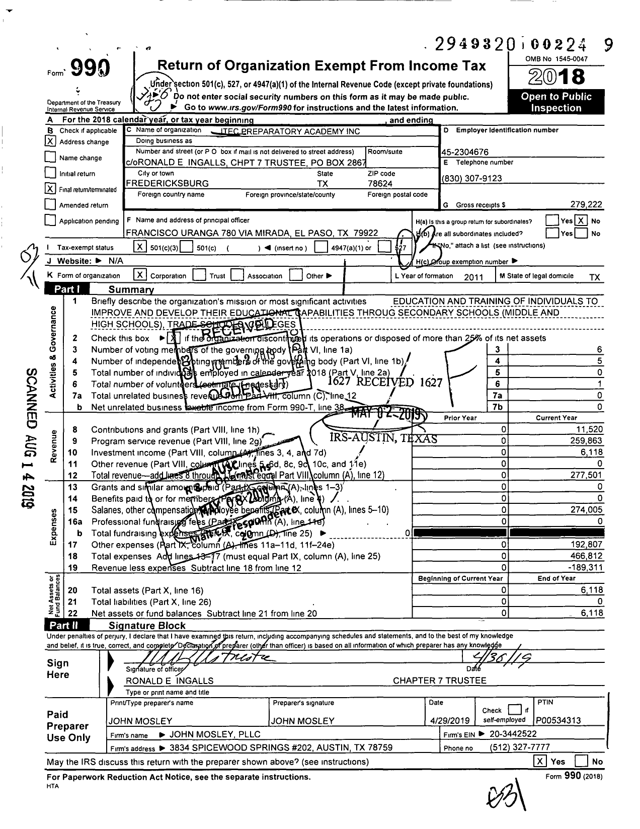 Image of first page of 2018 Form 990 for Itec Preparatory Academy