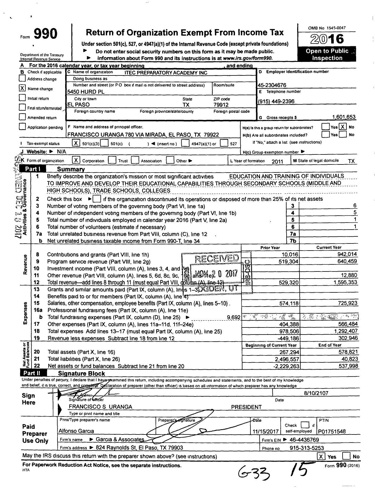 Image of first page of 2016 Form 990 for Itec Preparatory Academy