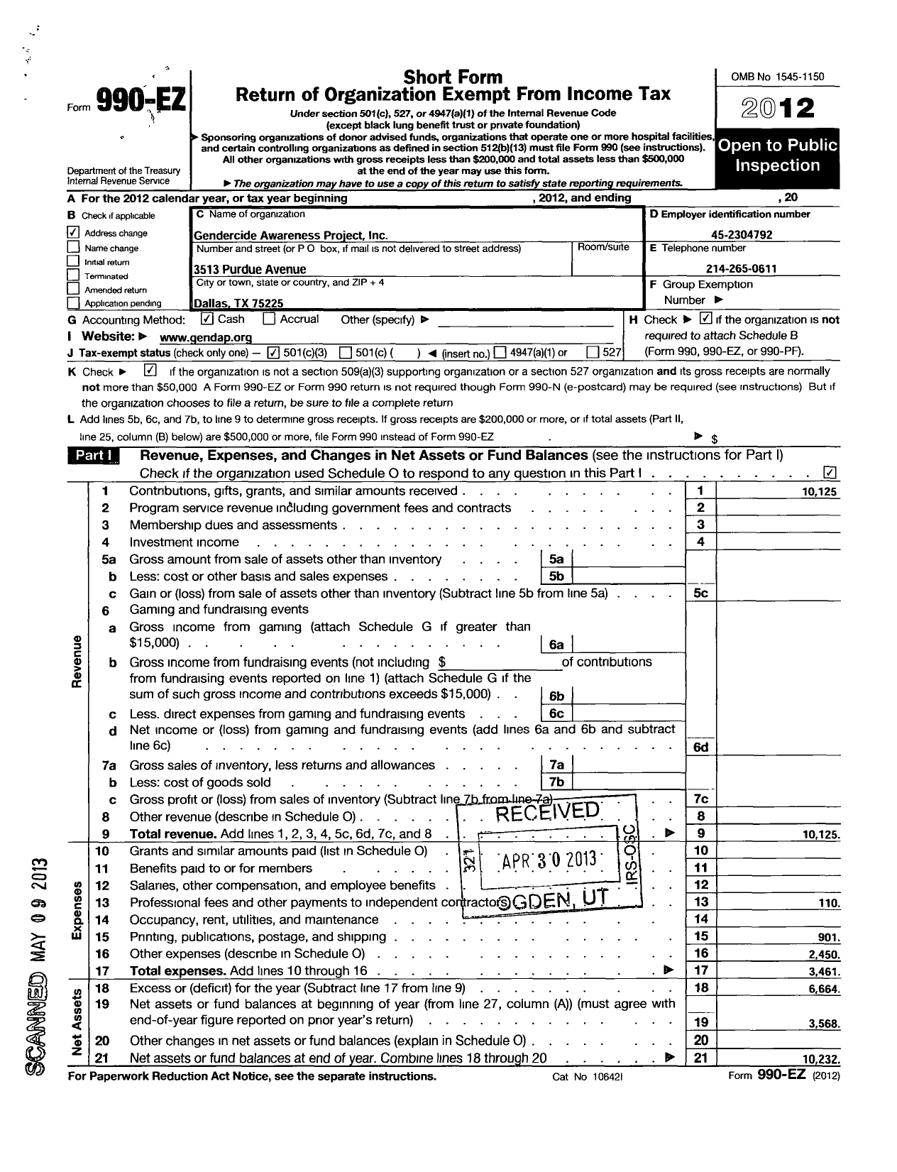 Image of first page of 2012 Form 990EZ for Gendercide Awareness Project