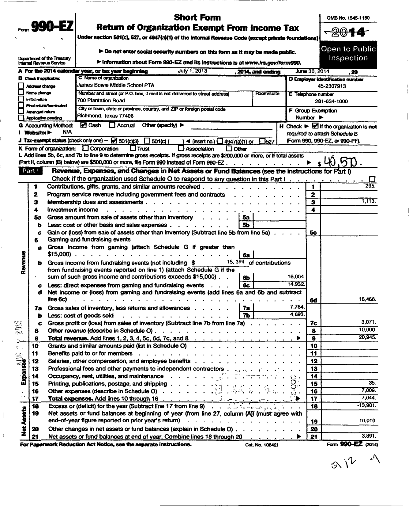 Image of first page of 2013 Form 990EZ for Texas PTA - 2241699 James Bowie Middle School P