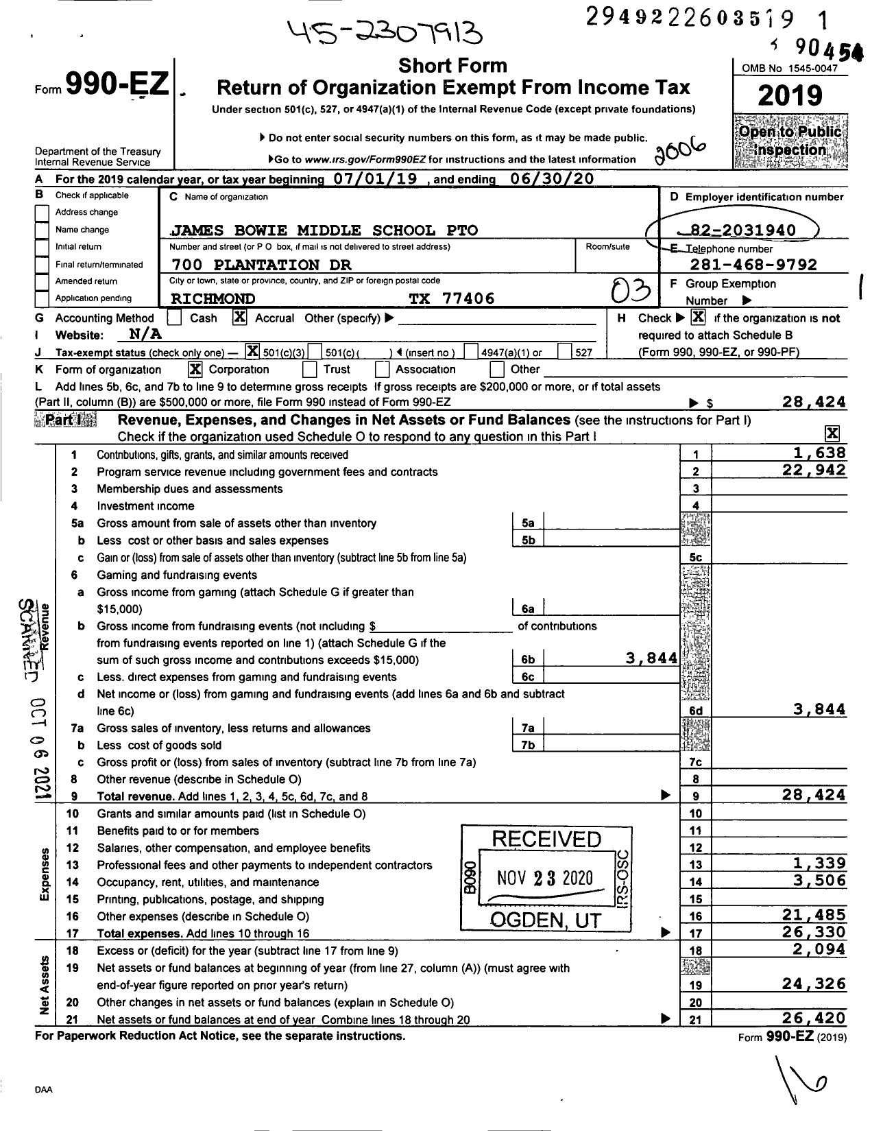 Image of first page of 2019 Form 990EZ for Texas PTA - 2241699 James Bowie Middle School P