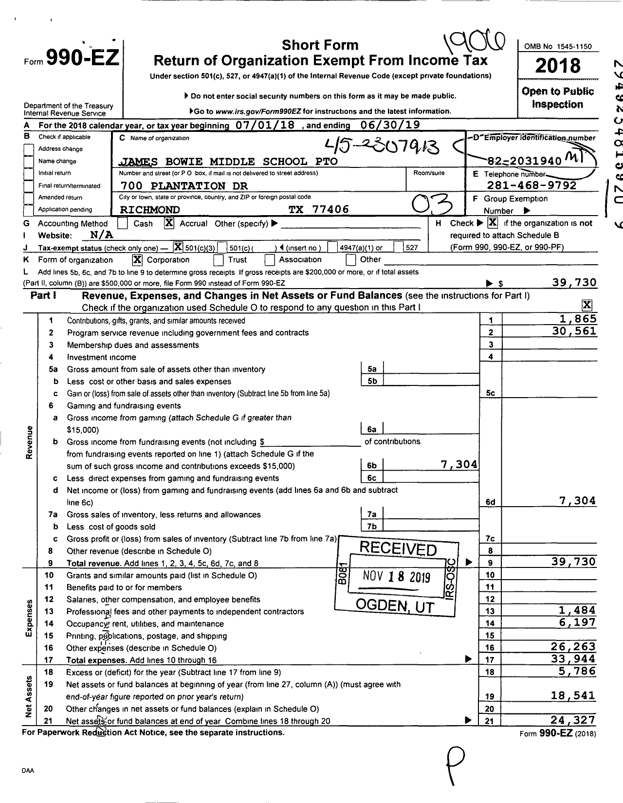 Image of first page of 2018 Form 990EZ for Texas PTA - 2241699 James Bowie Middle School P