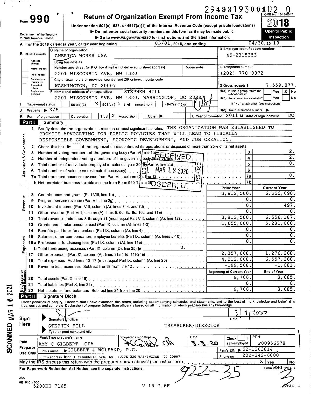 Image of first page of 2018 Form 990O for America Works USA