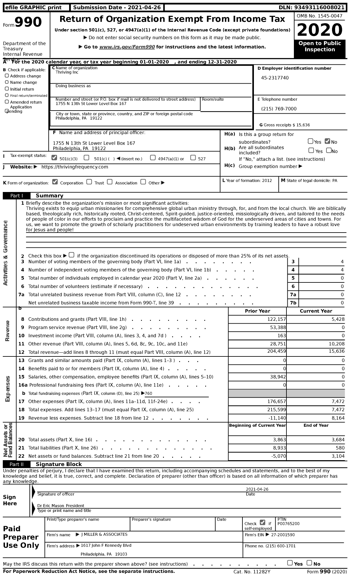 Image of first page of 2020 Form 990 for Thriving