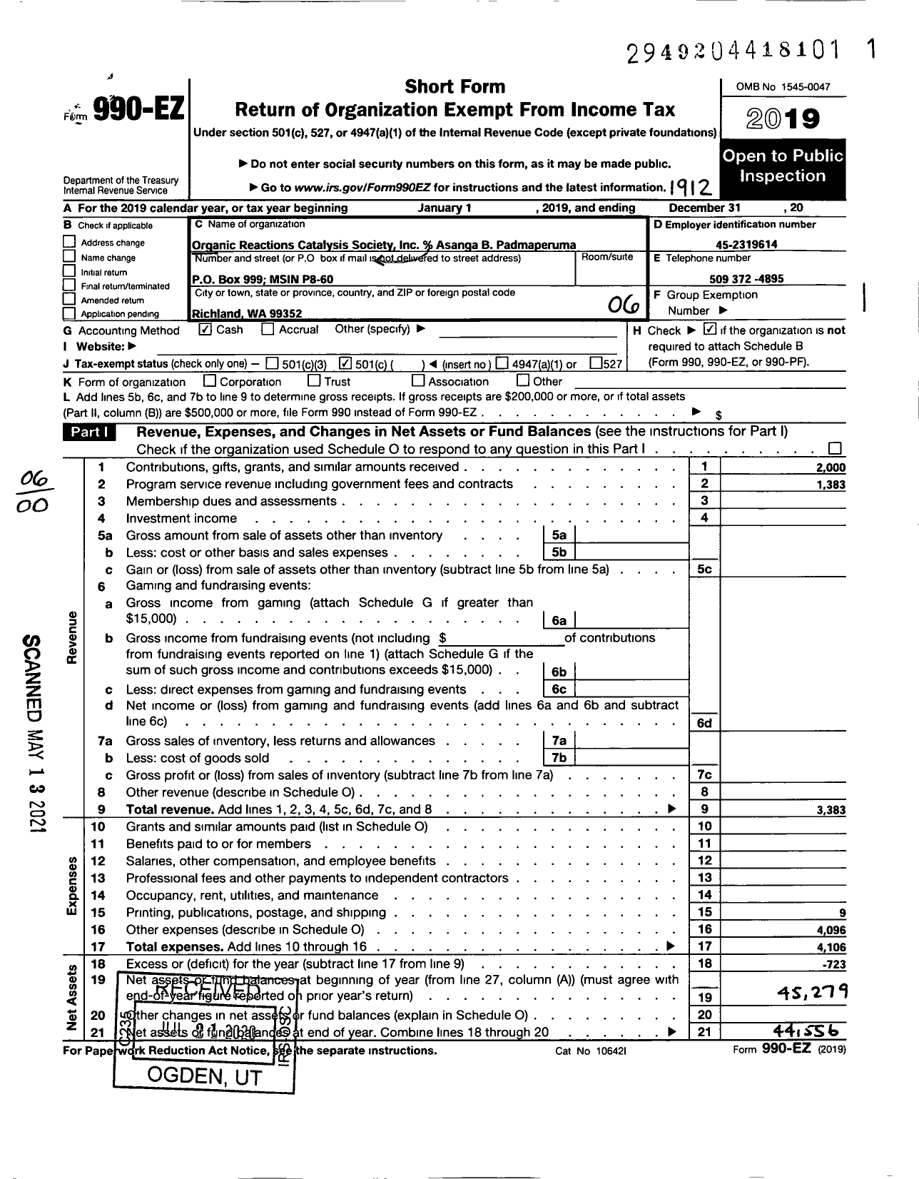 Image of first page of 2019 Form 990EO for Organic Reactions Catalysis Society