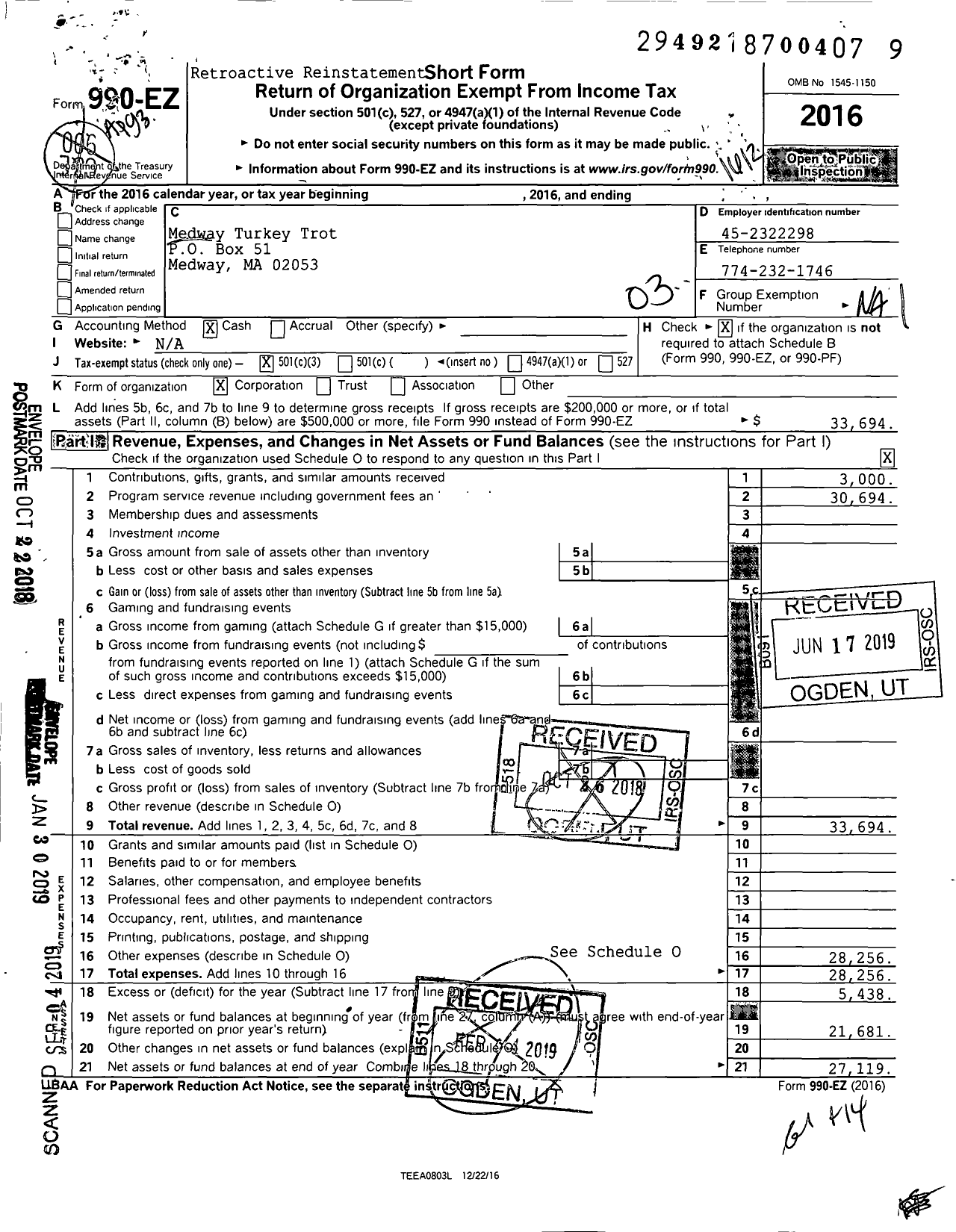 Image of first page of 2016 Form 990EZ for Medway Turkey Trot