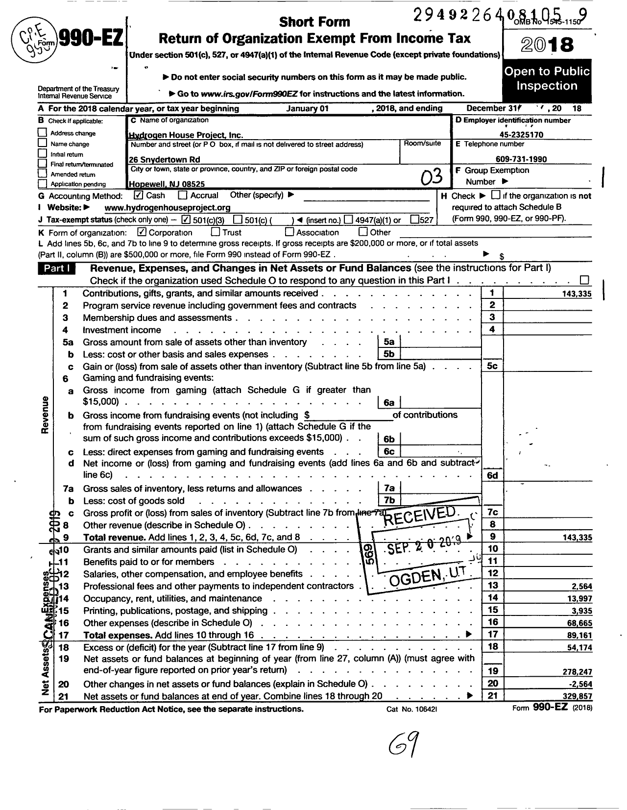 Image of first page of 2018 Form 990EZ for Hydrogen House Project