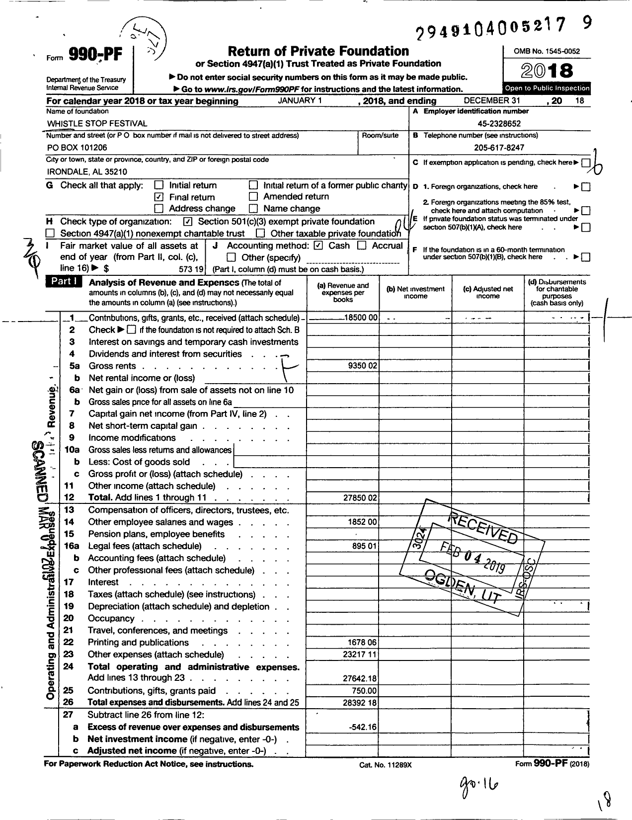 Image of first page of 2018 Form 990PF for Whistle Stop Festival