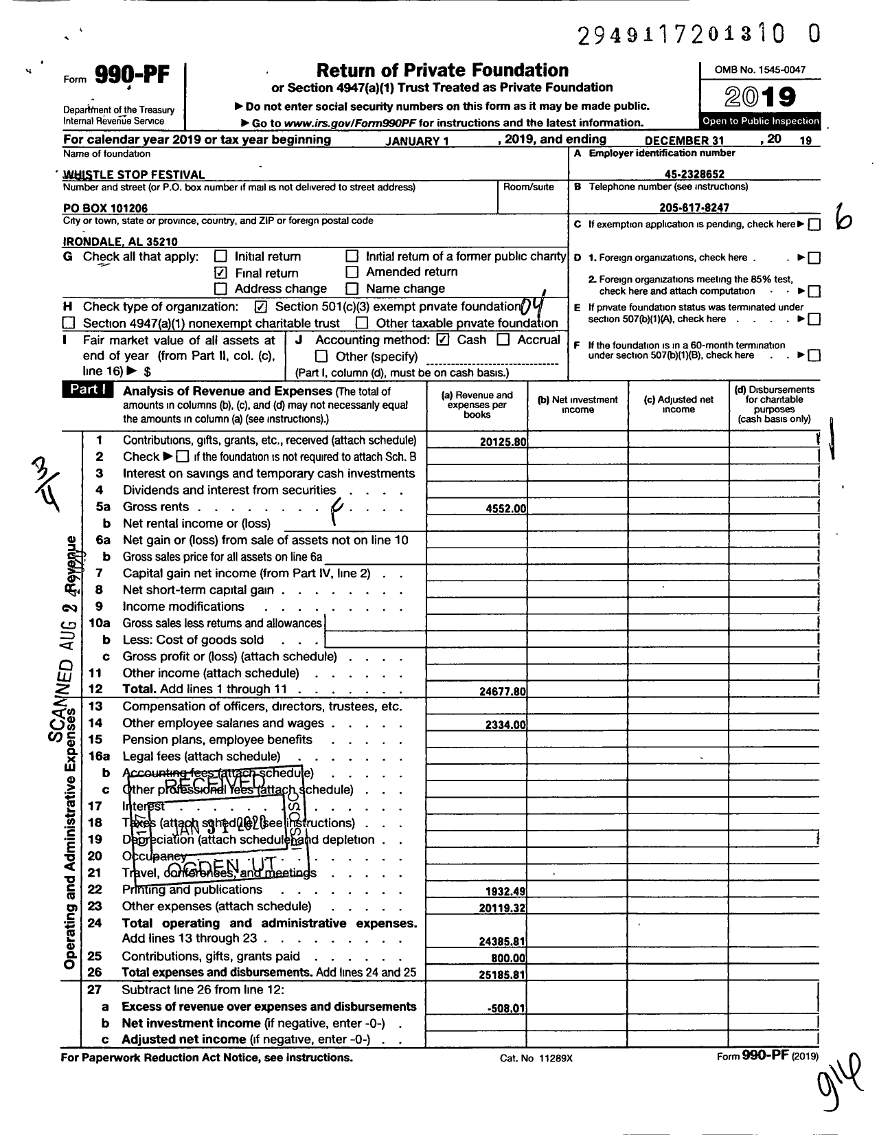 Image of first page of 2019 Form 990PR for Whistle Stop Festival