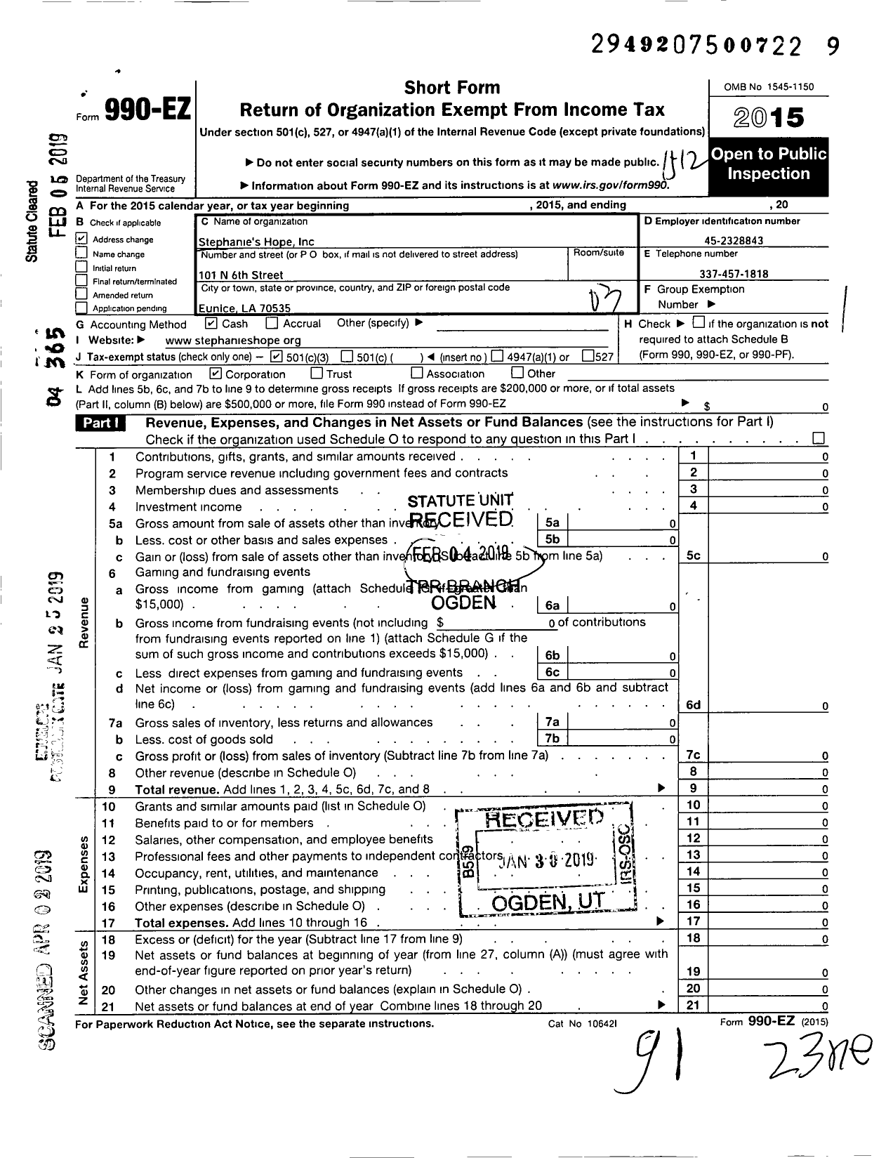 Image of first page of 2015 Form 990EZ for Stephanies Hope