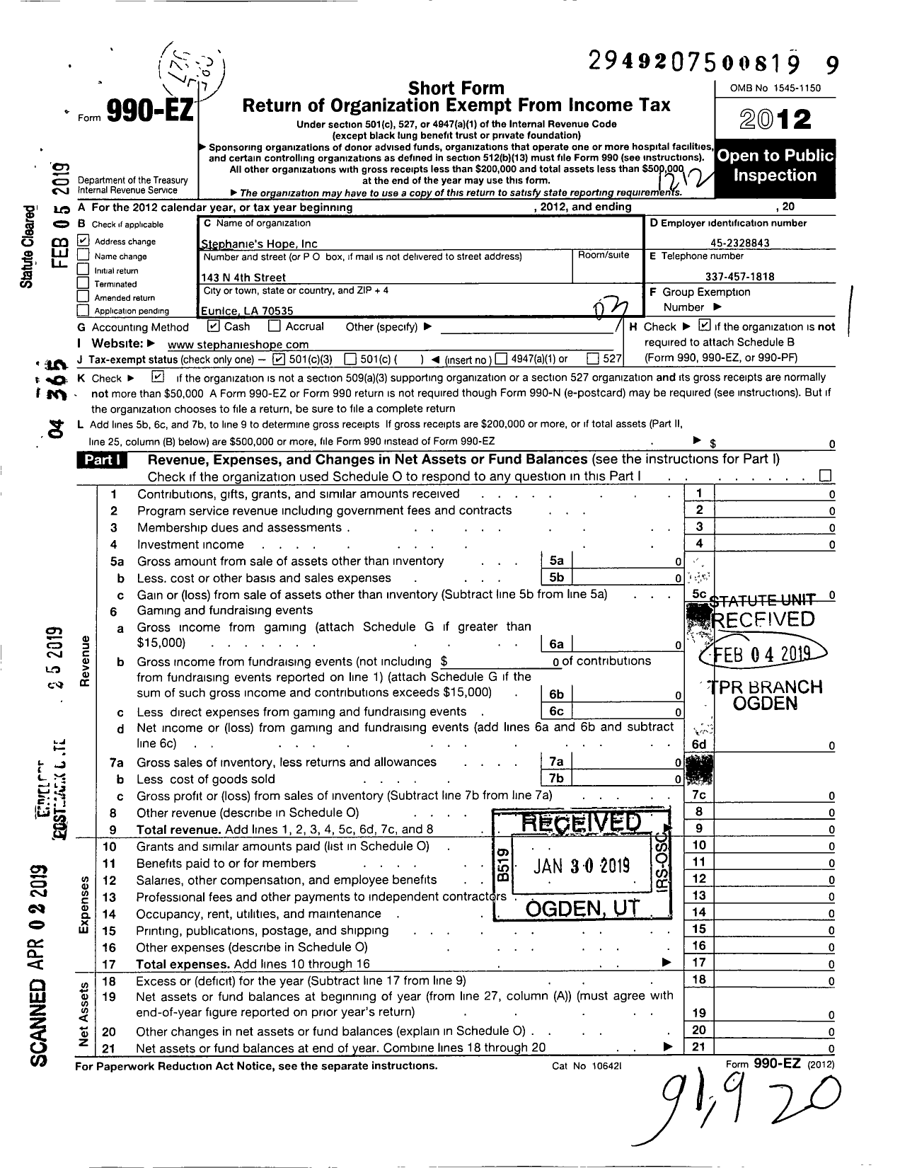 Image of first page of 2012 Form 990EZ for Stephanies Hope