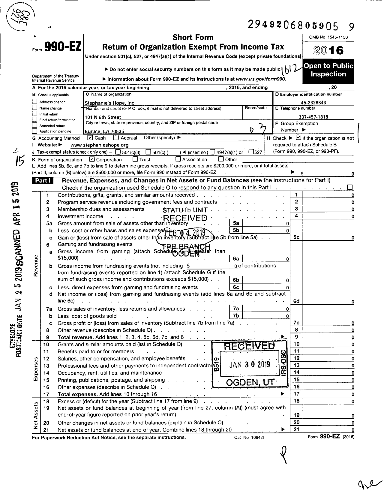 Image of first page of 2016 Form 990EZ for Stephanies Hope