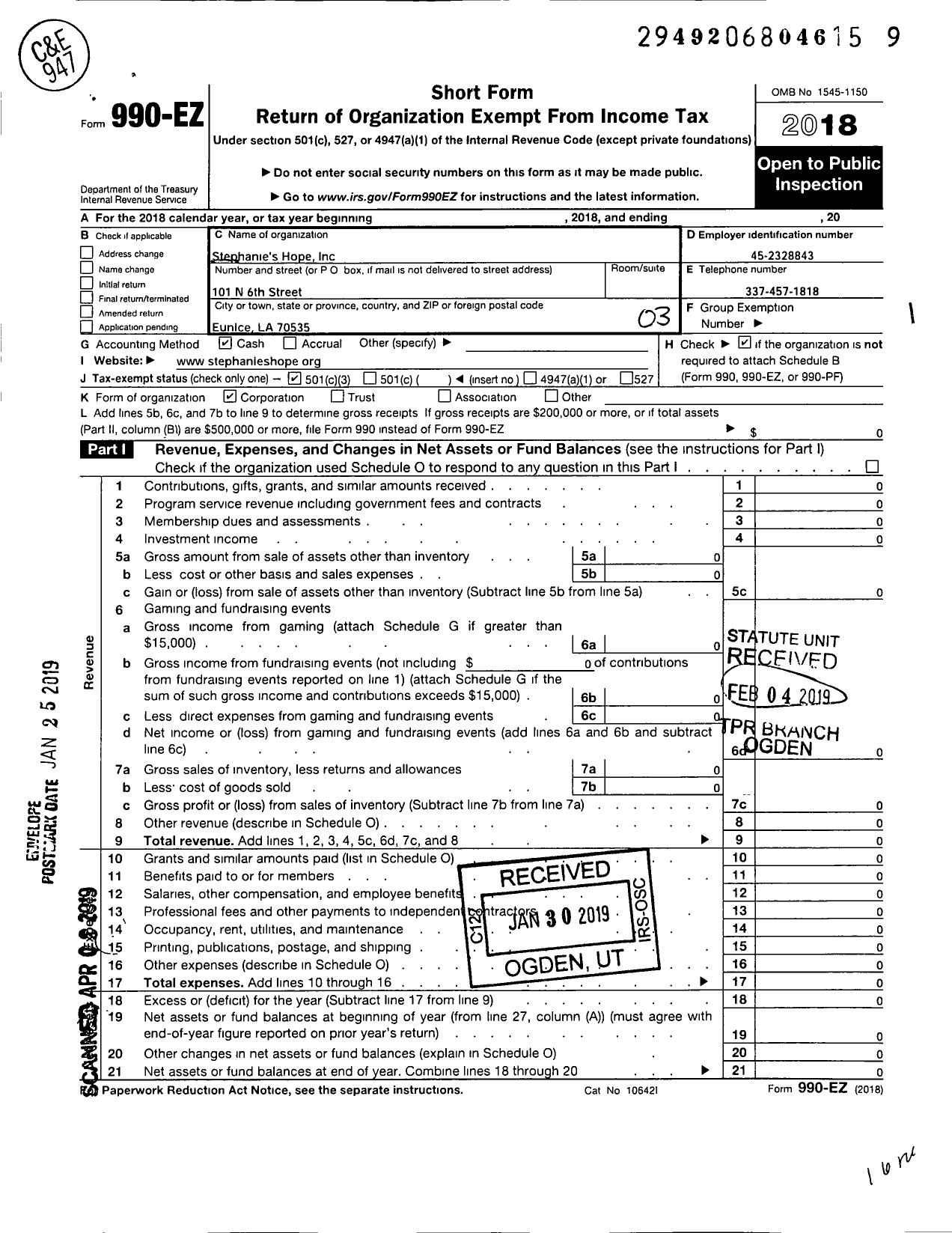 Image of first page of 2018 Form 990EZ for Stephanies Hope