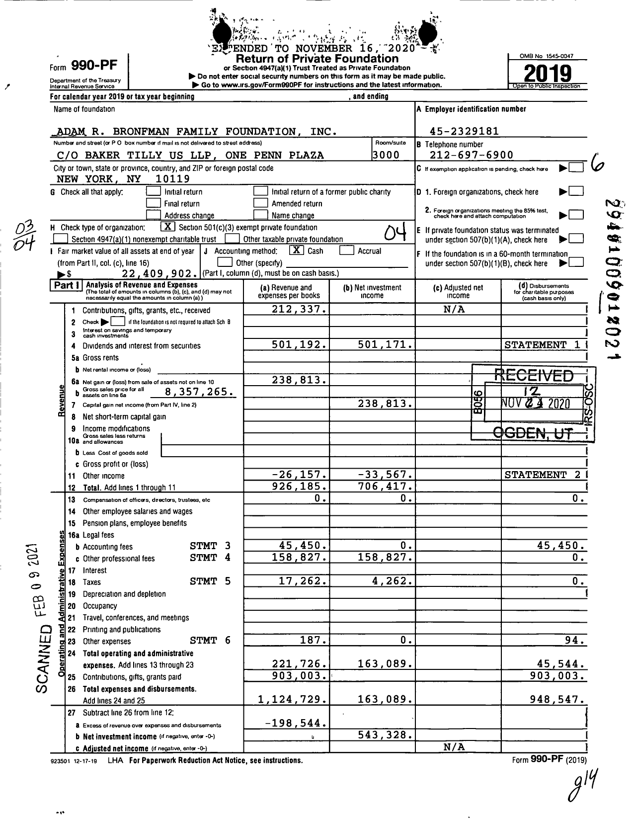 Image of first page of 2019 Form 990PF for Adam R Bronfman Family Foundation