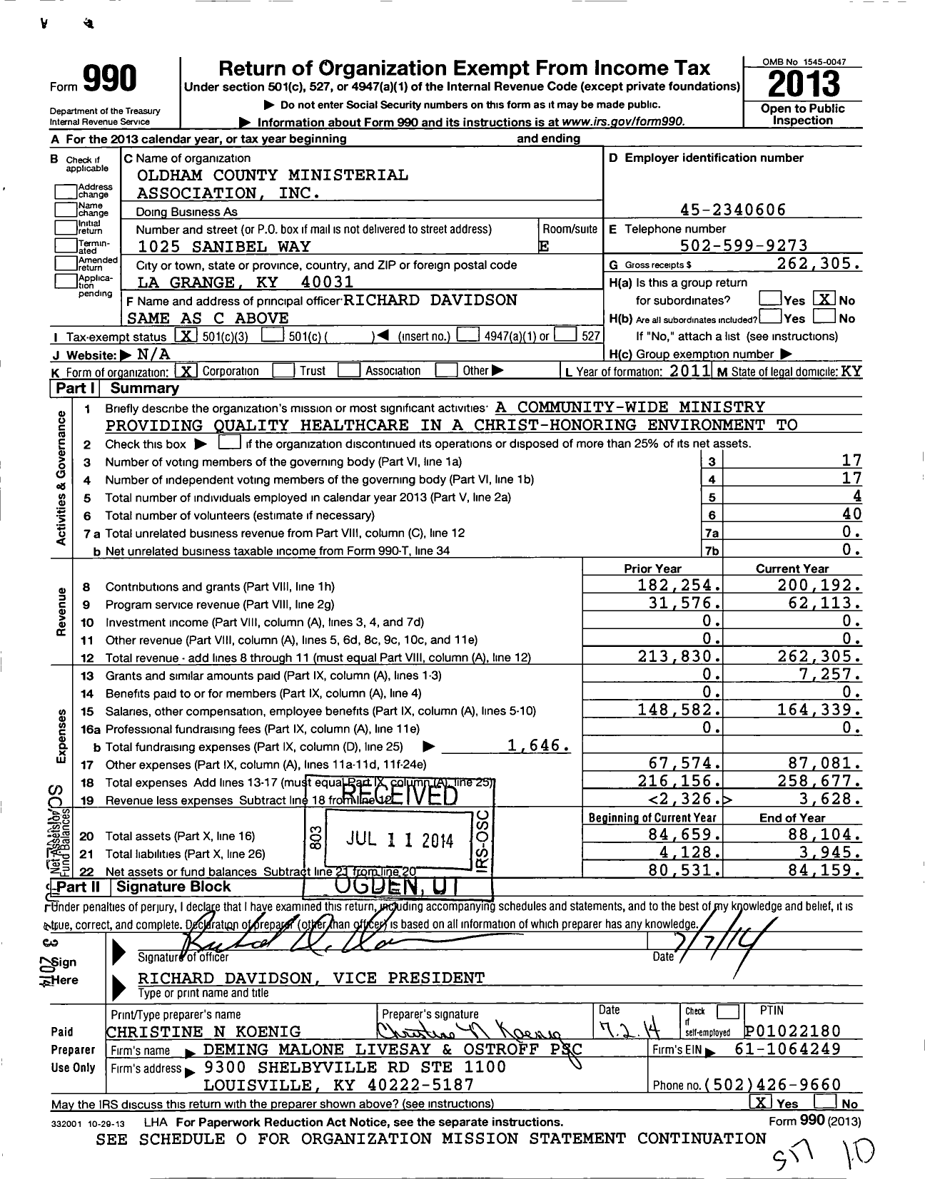 Image of first page of 2013 Form 990 for Oldham County Ministerial Association