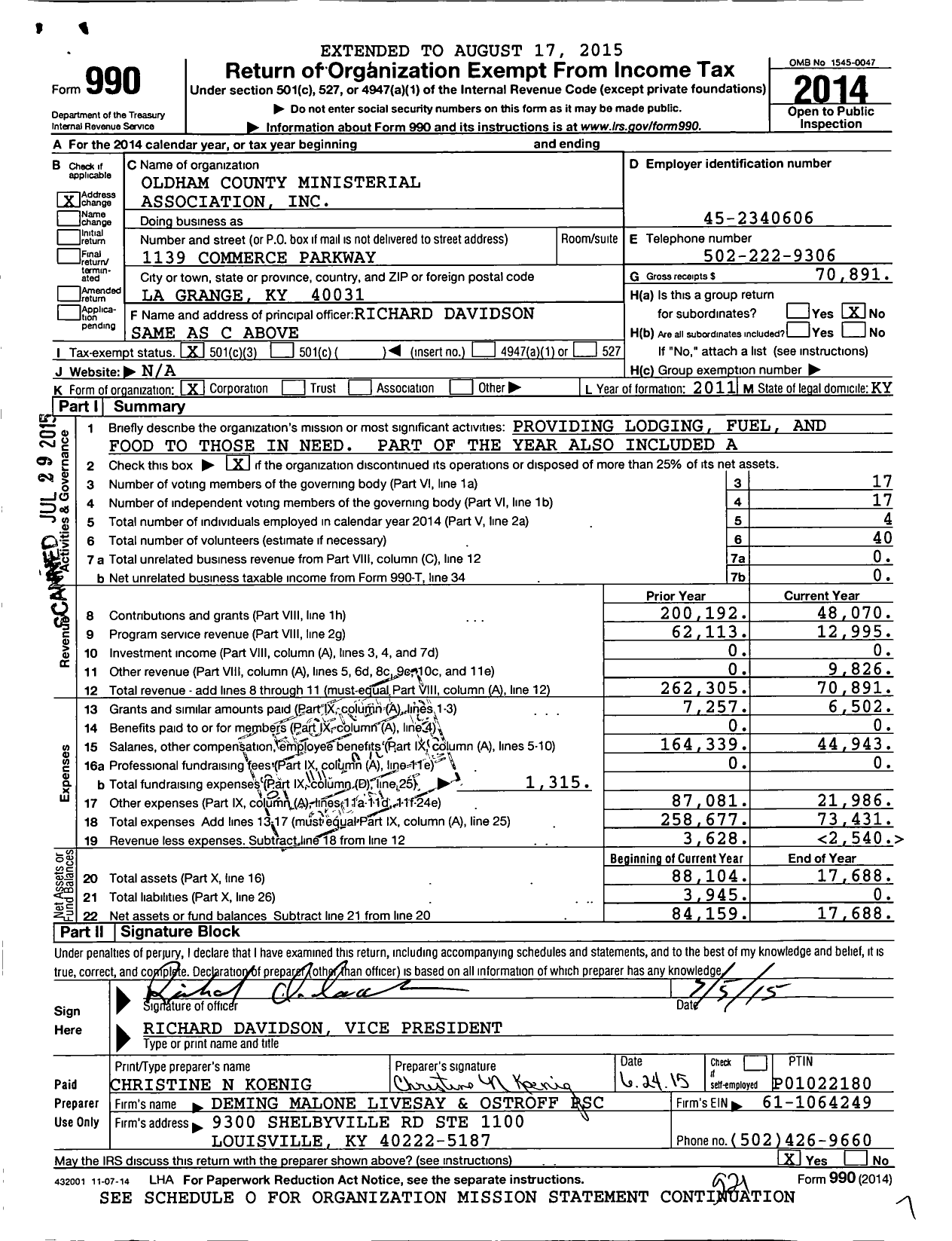 Image of first page of 2014 Form 990 for Oldham County Ministerial Association