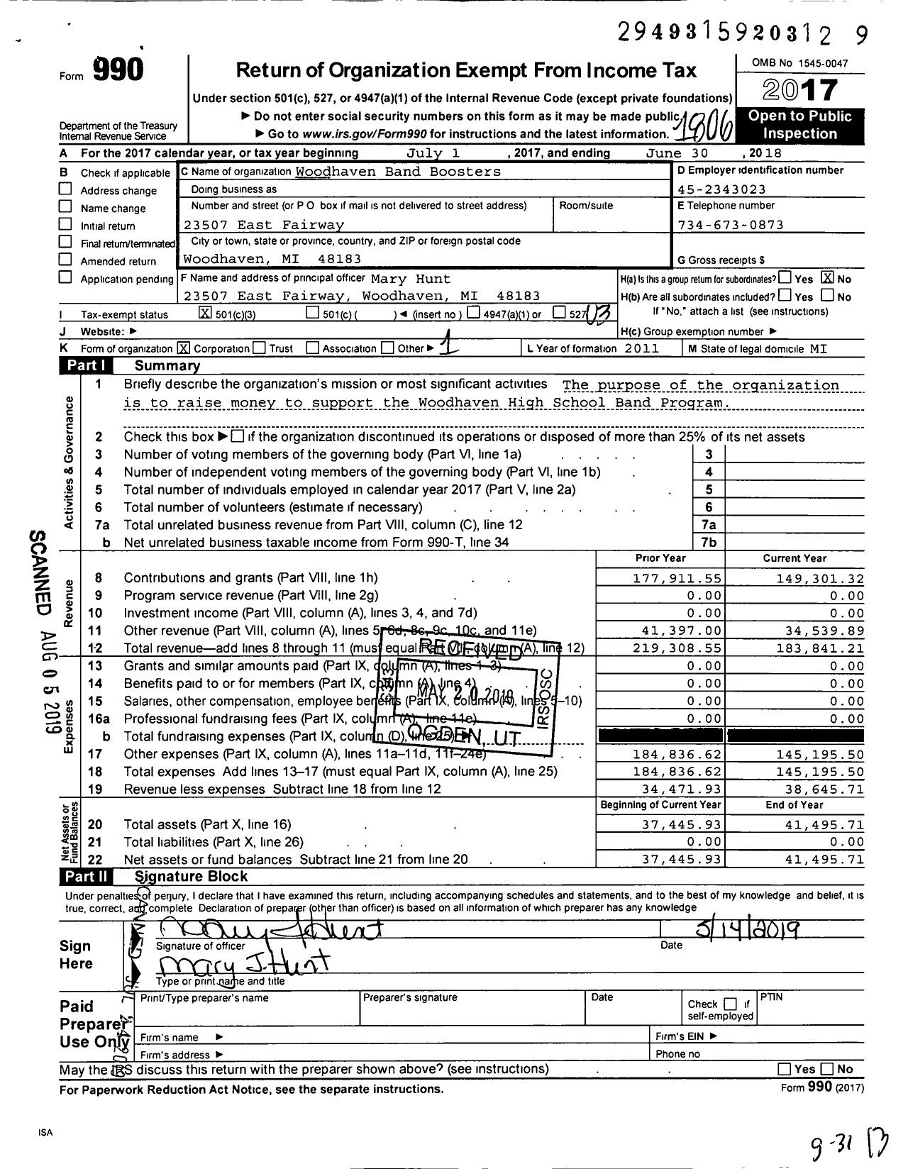 Image of first page of 2017 Form 990 for Woodhaven Band Boosters