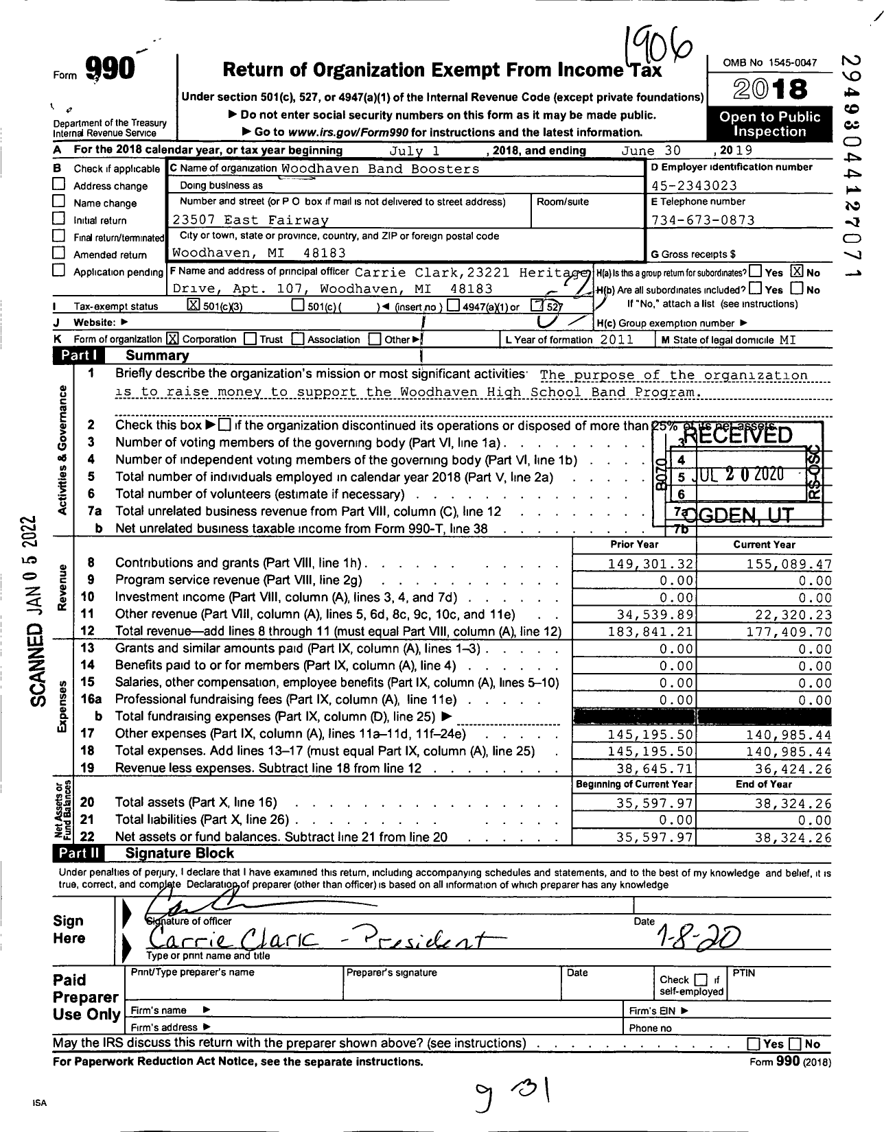 Image of first page of 2018 Form 990 for Woodhaven Band Boosters