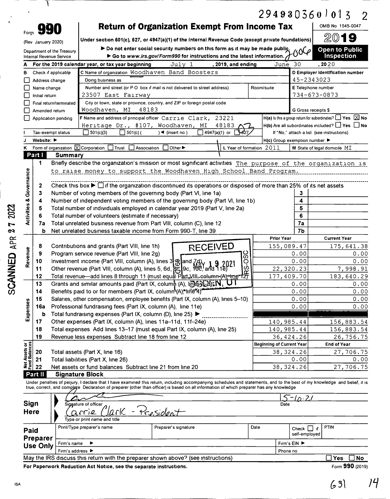 Image of first page of 2019 Form 990 for Woodhaven Band Boosters