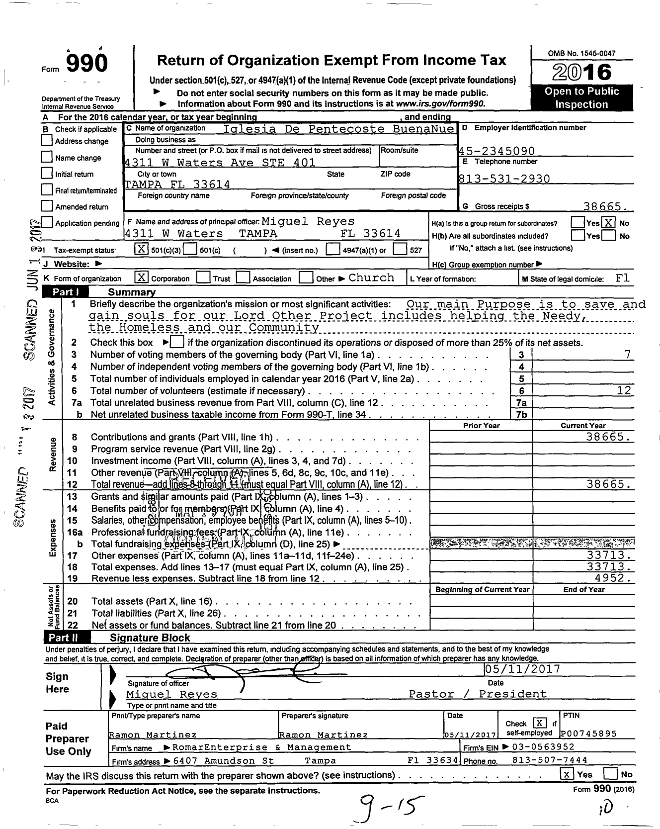 Image of first page of 2016 Form 990 for Iglesia De Pentecoste BuenaNue