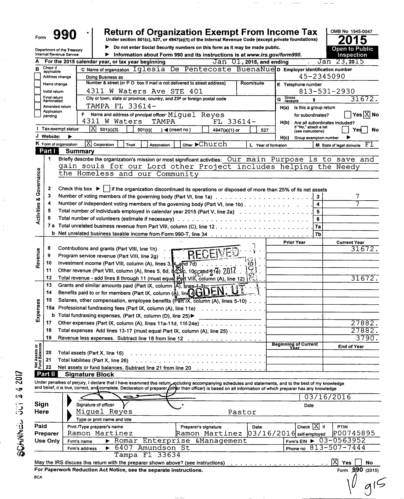 Image of first page of 2014 Form 990 for Iglesia De Pentecoste BuenaNue