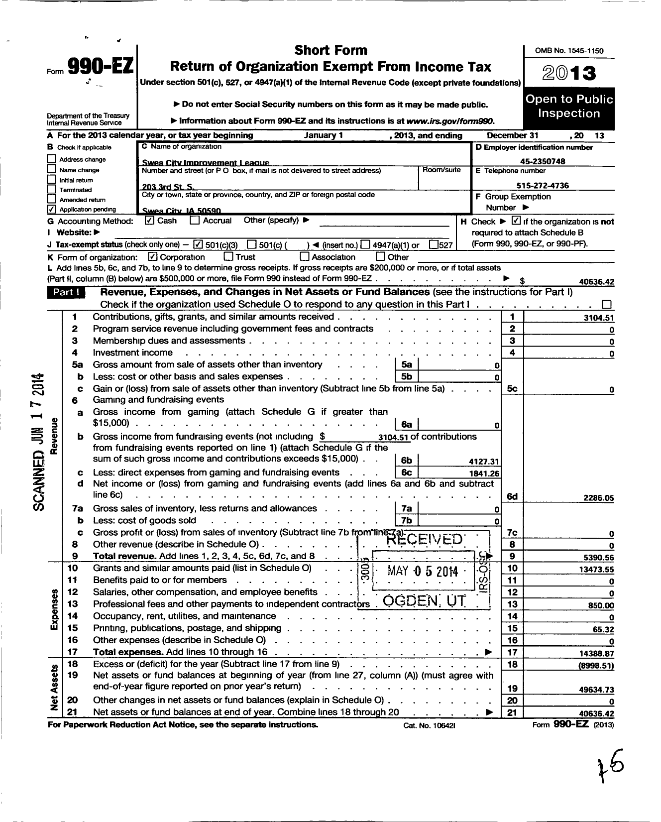 Image of first page of 2013 Form 990EZ for Swea City Improvement League