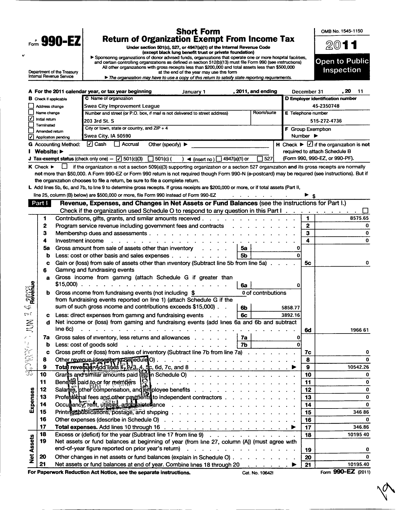 Image of first page of 2011 Form 990EZ for Swea City Improvement League