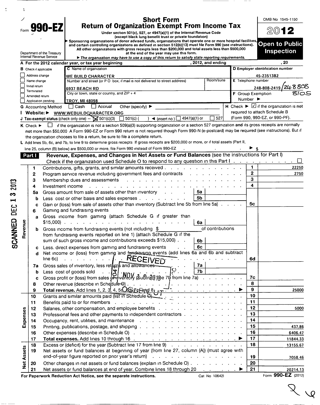Image of first page of 2012 Form 990EZ for We Build Character
