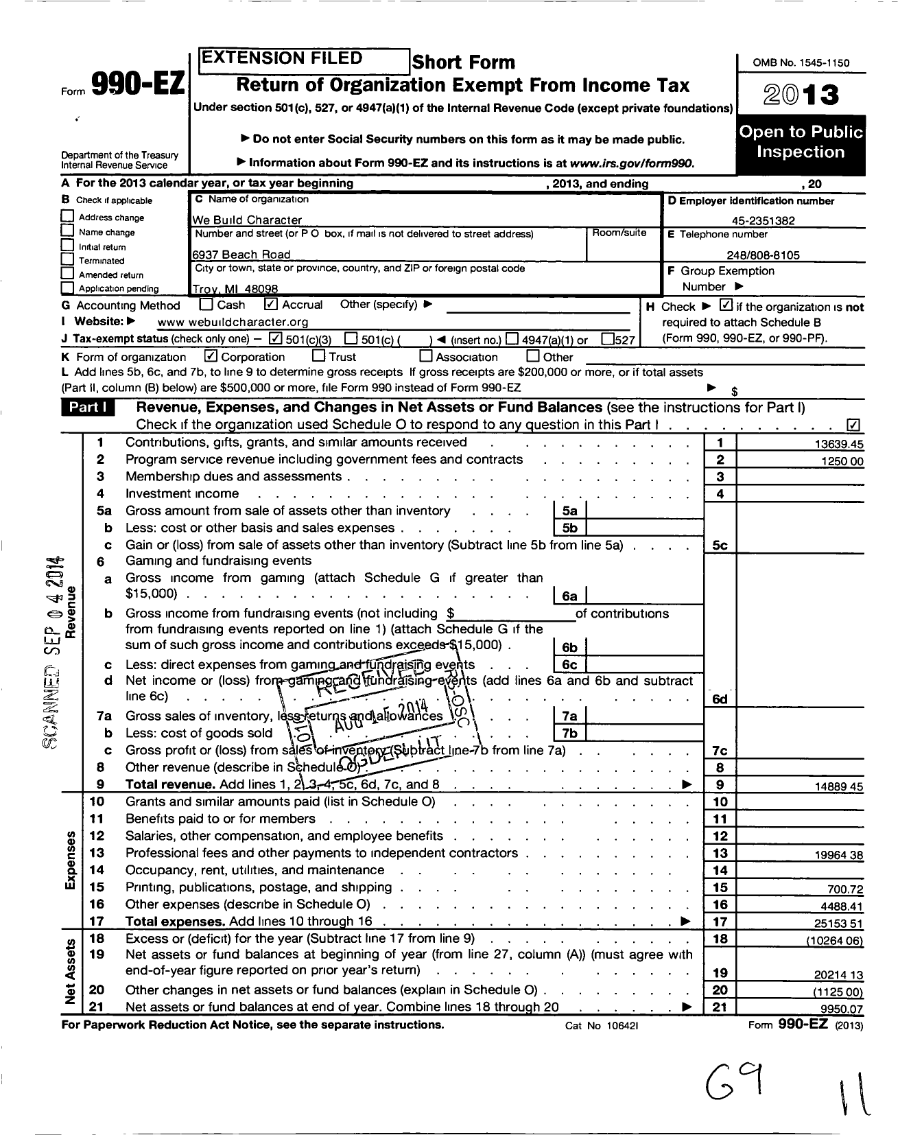 Image of first page of 2013 Form 990EZ for We Build Character