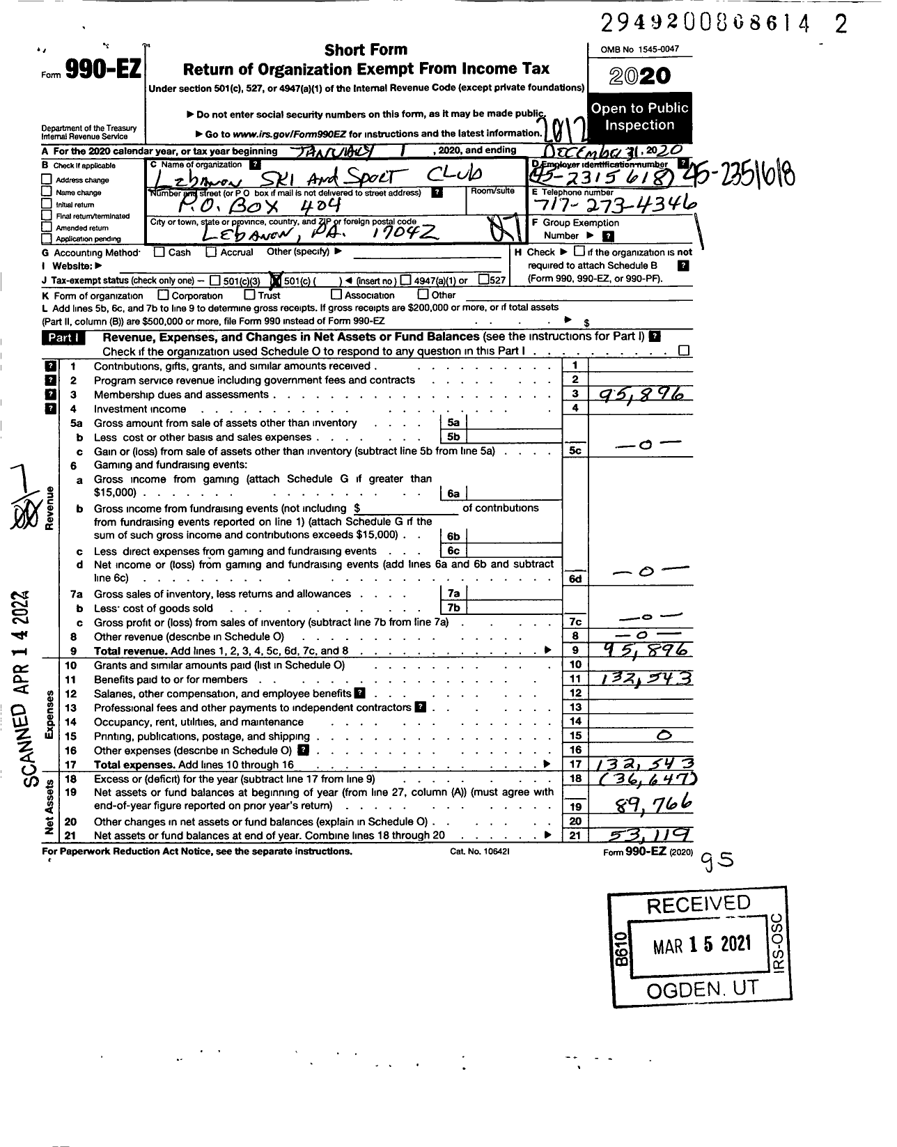 Image of first page of 2020 Form 990EO for Lebanon Ski and Sport Club