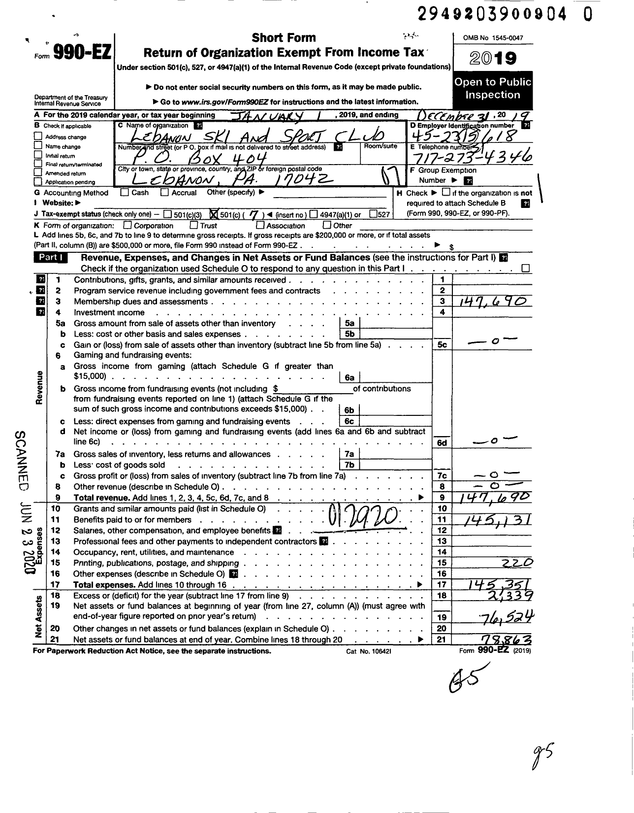 Image of first page of 2019 Form 990EO for Lebanon Ski and Sport Club