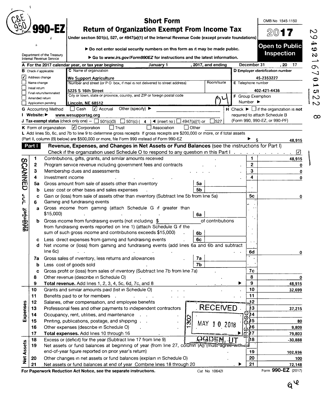 Image of first page of 2017 Form 990EO for We Support Agriculture