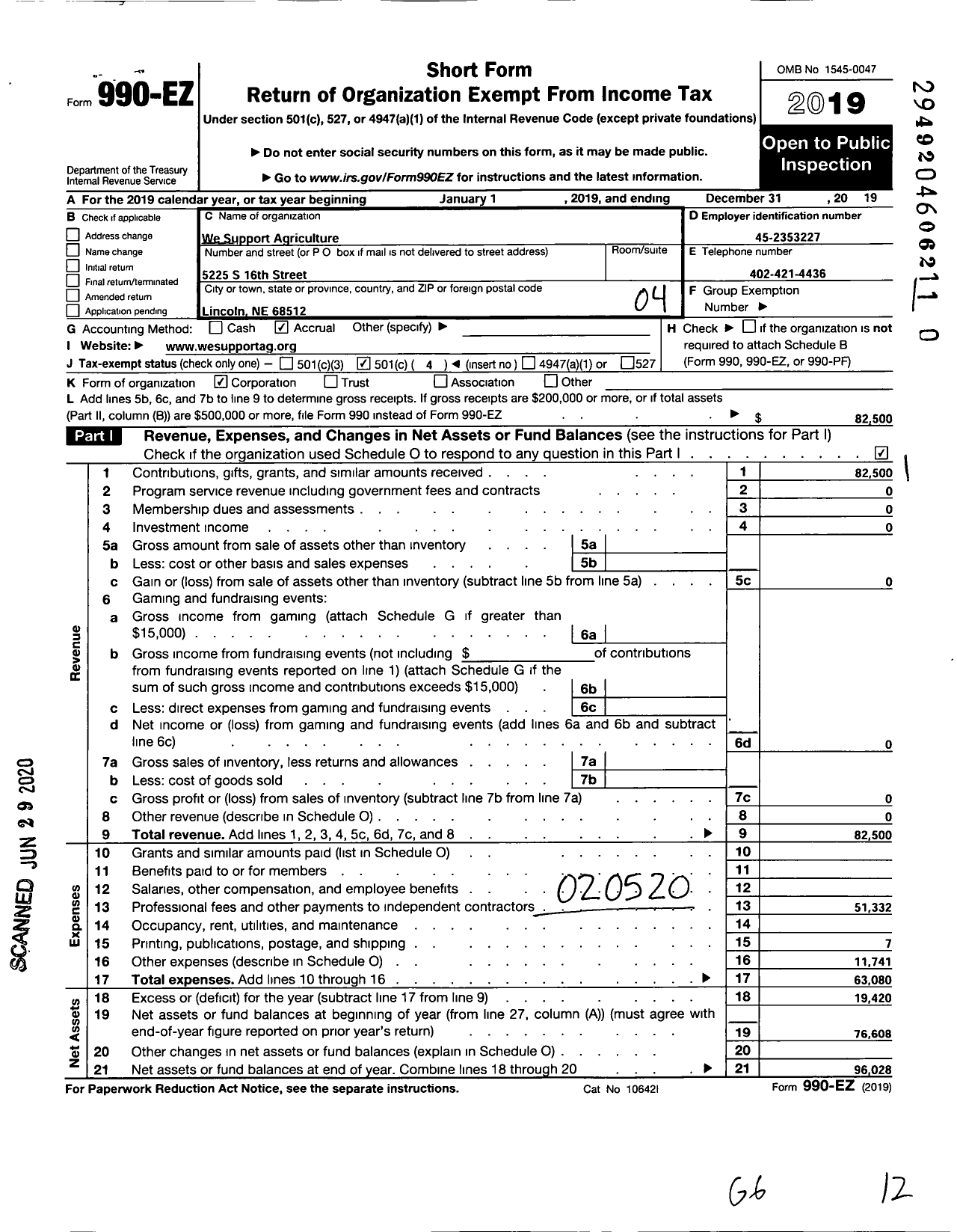 Image of first page of 2019 Form 990EO for We Support Agriculture